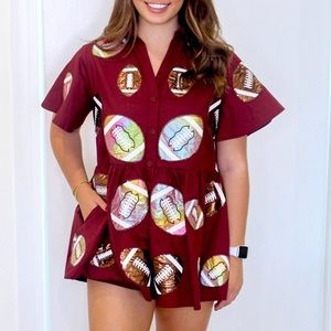 Queen of Sparkles Maroon Iridescent Football Romper Small